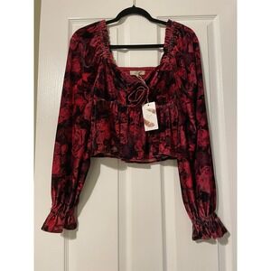 Chelsea & Violet Blouse Womens L Red Velvet Floral Square Neck Cropped Top